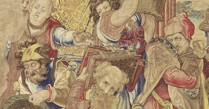 close up view of the details found within the Saint Paul Directing the Burning of the Heathen Books tapestry commissioned by King Henry VIII 
